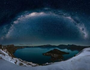 The panoramic view of Crater Lake with fine art Milkyway - stargazing